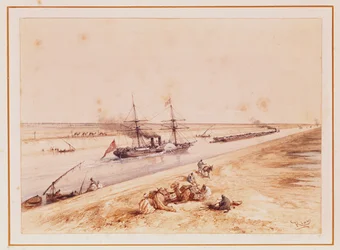 Ein türkischer Raddampfer fährt den Suezkanal hinauf, aus einem Souveniralbum zur Erinnerung an die Reise von Kaiserin Eugenie (1826-1920) zur Einweihung 1869